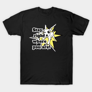 Stay right where you are! A white dog in a fighting pose against the background of a yellow star T-Shirt